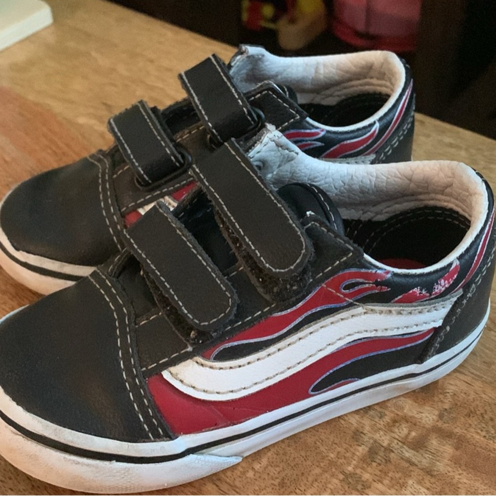 Vans Black and Red Velcro Sneakers with Waffle Sole